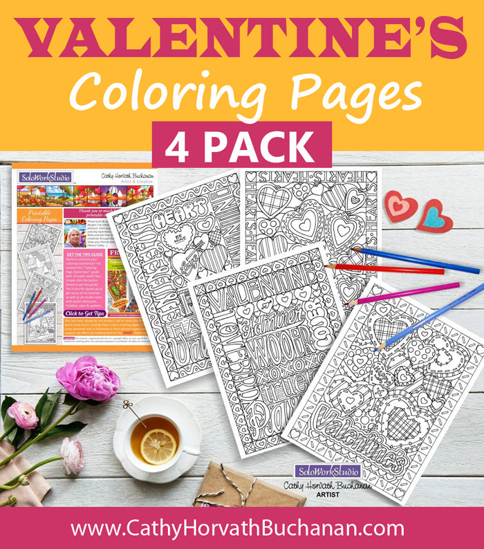 Valentine 4 pack Coloring Pages, Romantic PDF Instant Printable Download Cathy Horvath Buchanan