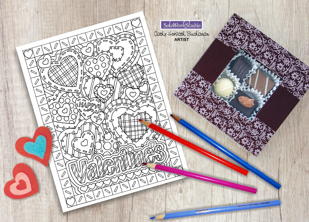 Valentine 4 pack Coloring Pages, Romantic PDF Instant Printable Download Cathy Horvath Buchanan