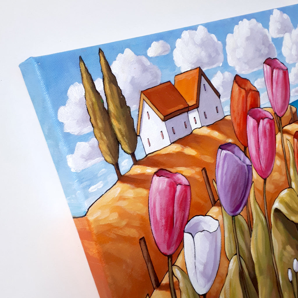 Wild Tulips Waterside Framed Original Painting, Coastal Flowers Landscape 16x20