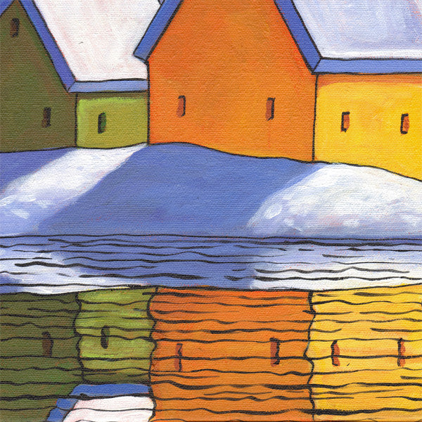 ORIGINAL PAINTING Winter Night Refelctions Folk Art, Christmas Colors Town Artwork 12x16 - SoloWorkStudio - 3