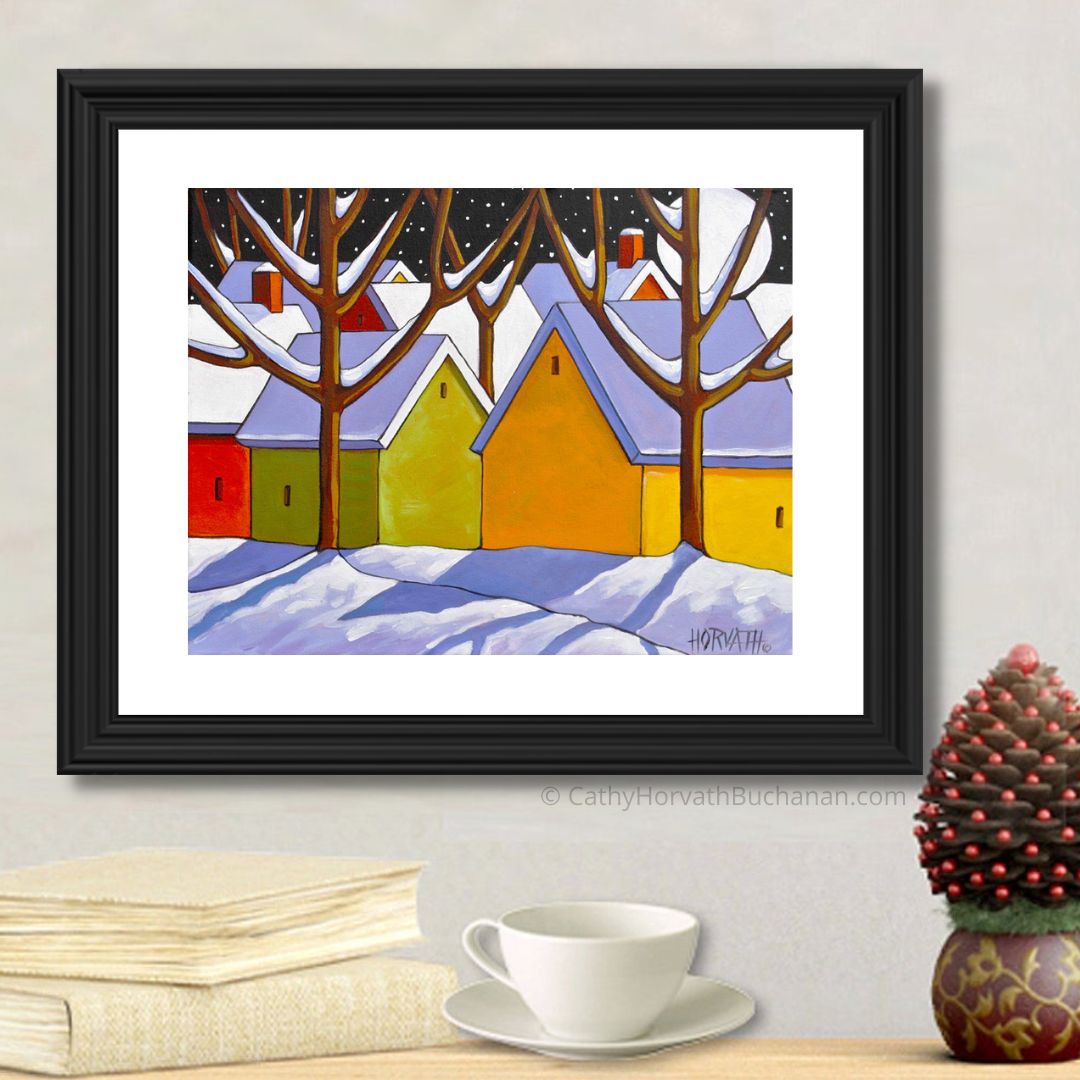 Winter Town Night Art Print, Christmas Eve Snow Giclee by Cathy Horvath Buchanan
