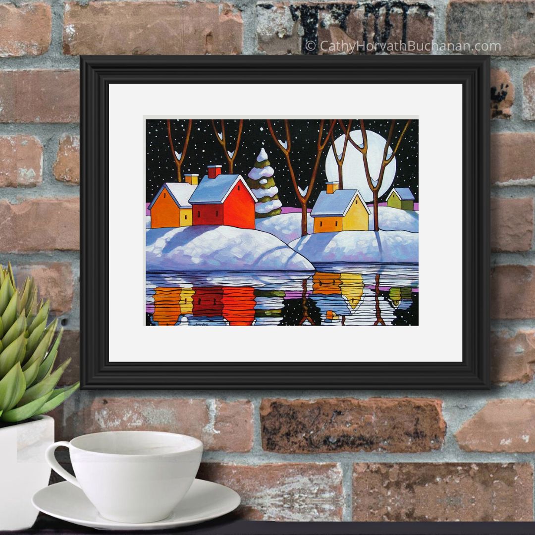 Christmas Night Moon Giclee, Snowy Winter Reflection Art Print by artist Cathy Horvath Buchanan
