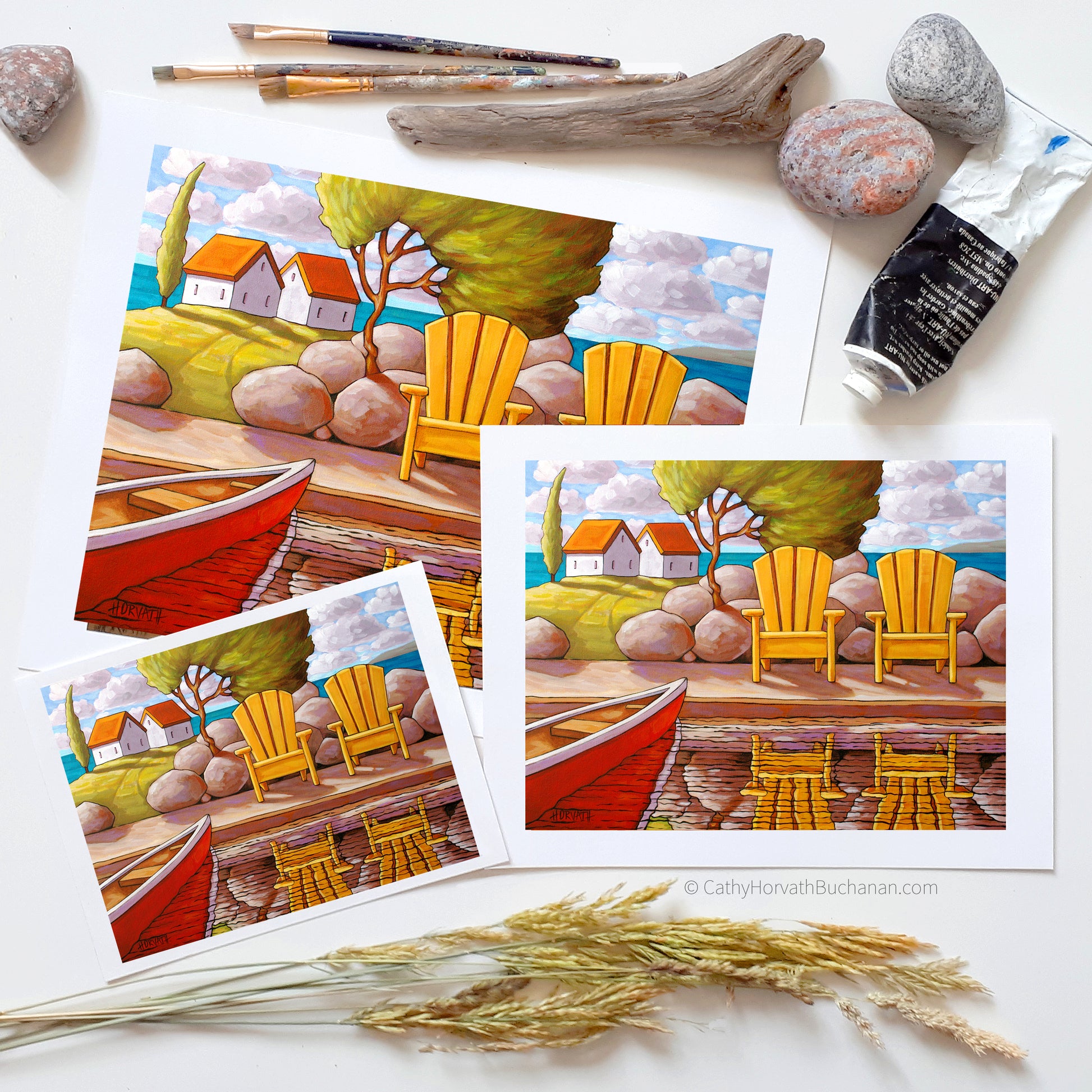 Yellow Chairs Canoe View - Art Print by Cathy Horvath Buchanan