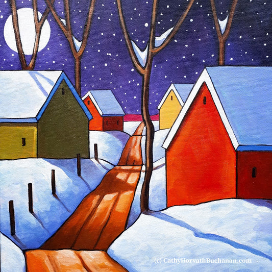night snow road painting