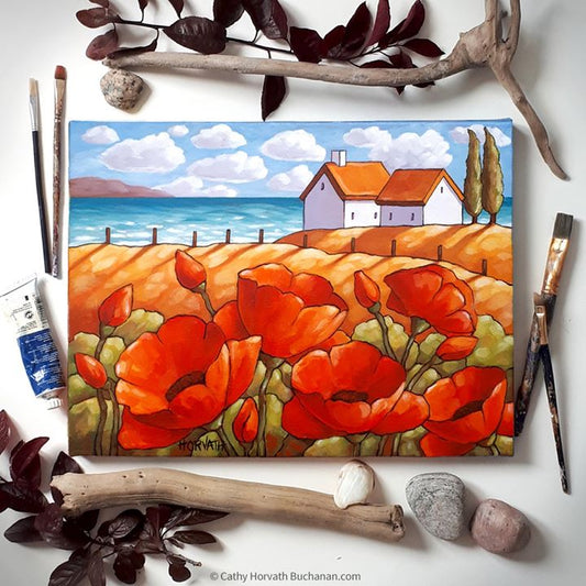 Red poppies seaside painting