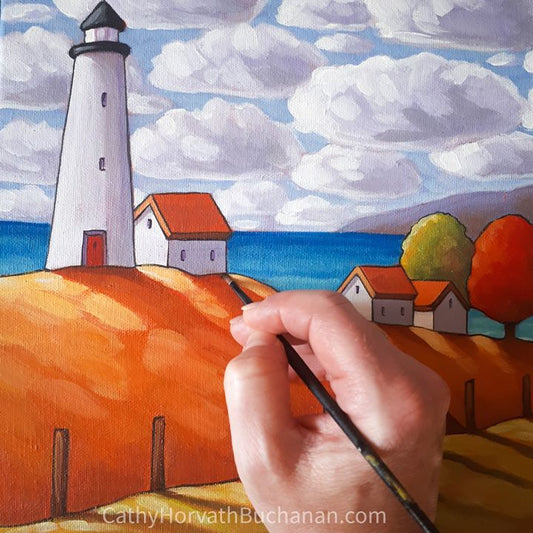 Coastal Lighthouse Cottage View, original painting
