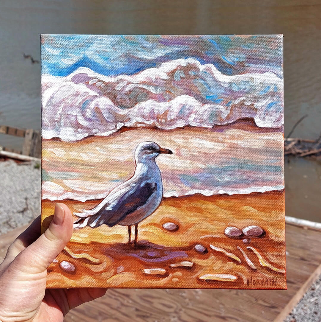 Seagull Shore, Lakeside Portals, Original Painting 8x8