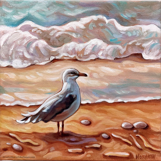 Seagull Shore, Lakeside Portals, Original Painting 8x8