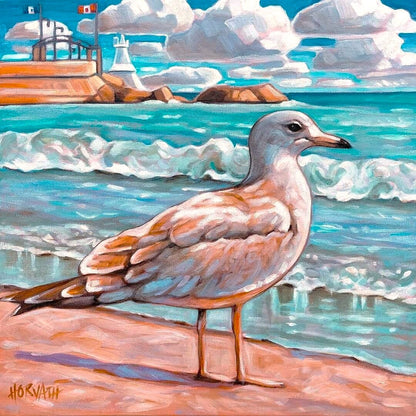Seagull Pier, Original Painting 12x12