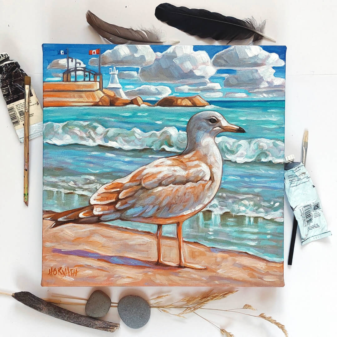 Seagull Pier, Original Painting 12x12