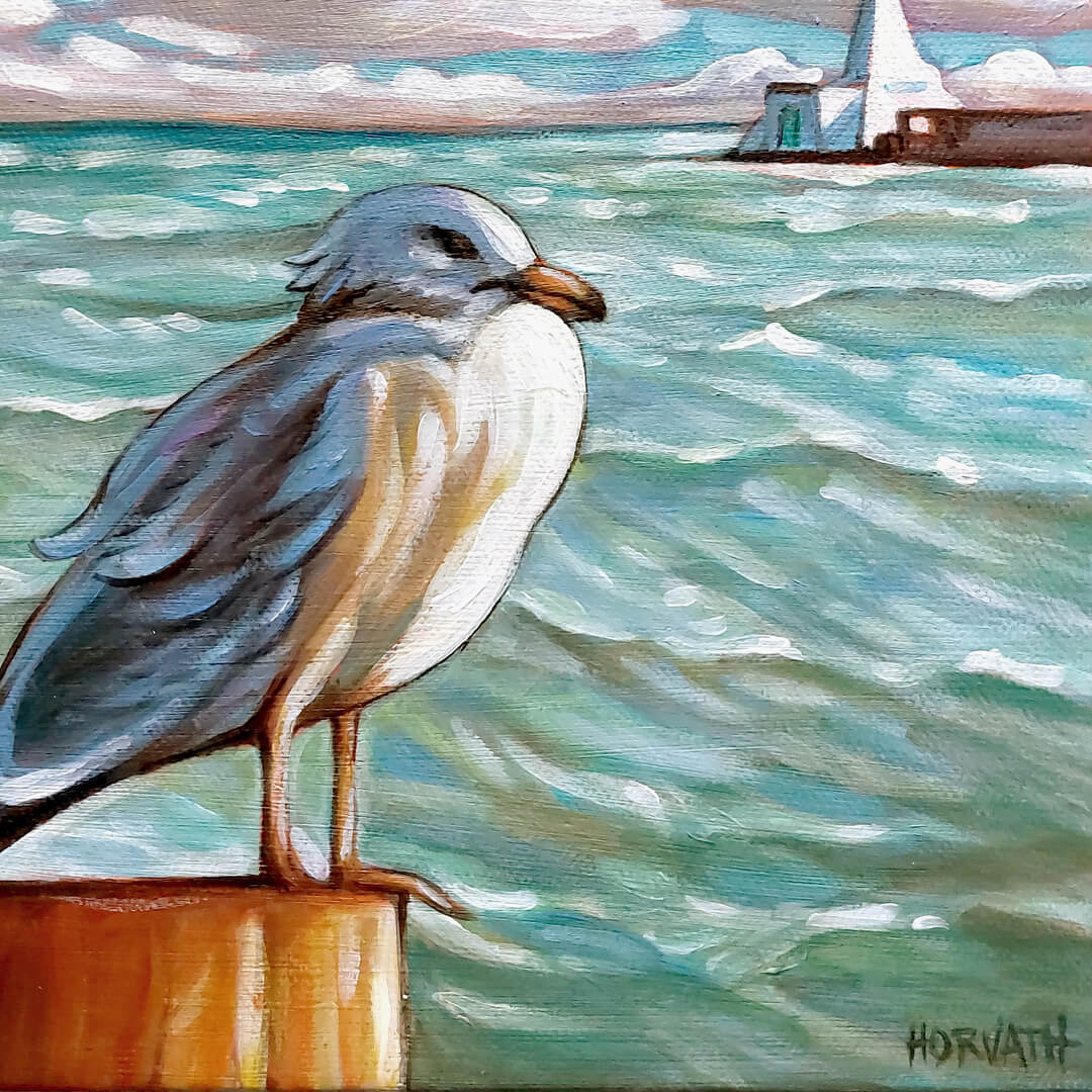 Windy Waves Gull, Lakeside Portals, Original Painting 8x8