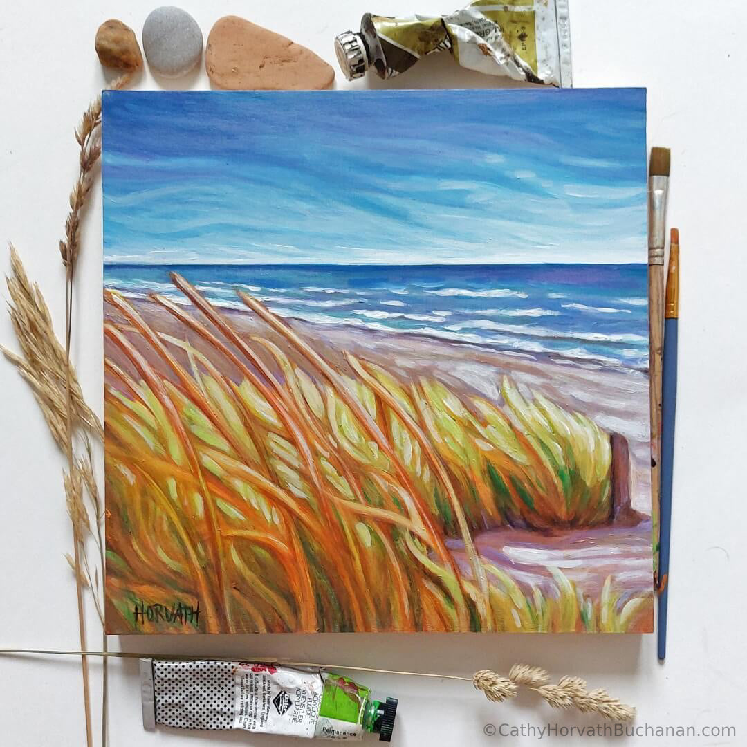 Beach Grass Breeze, Original Painting 8x8