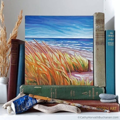 Beach Grass Breeze, Original Painting 8x8