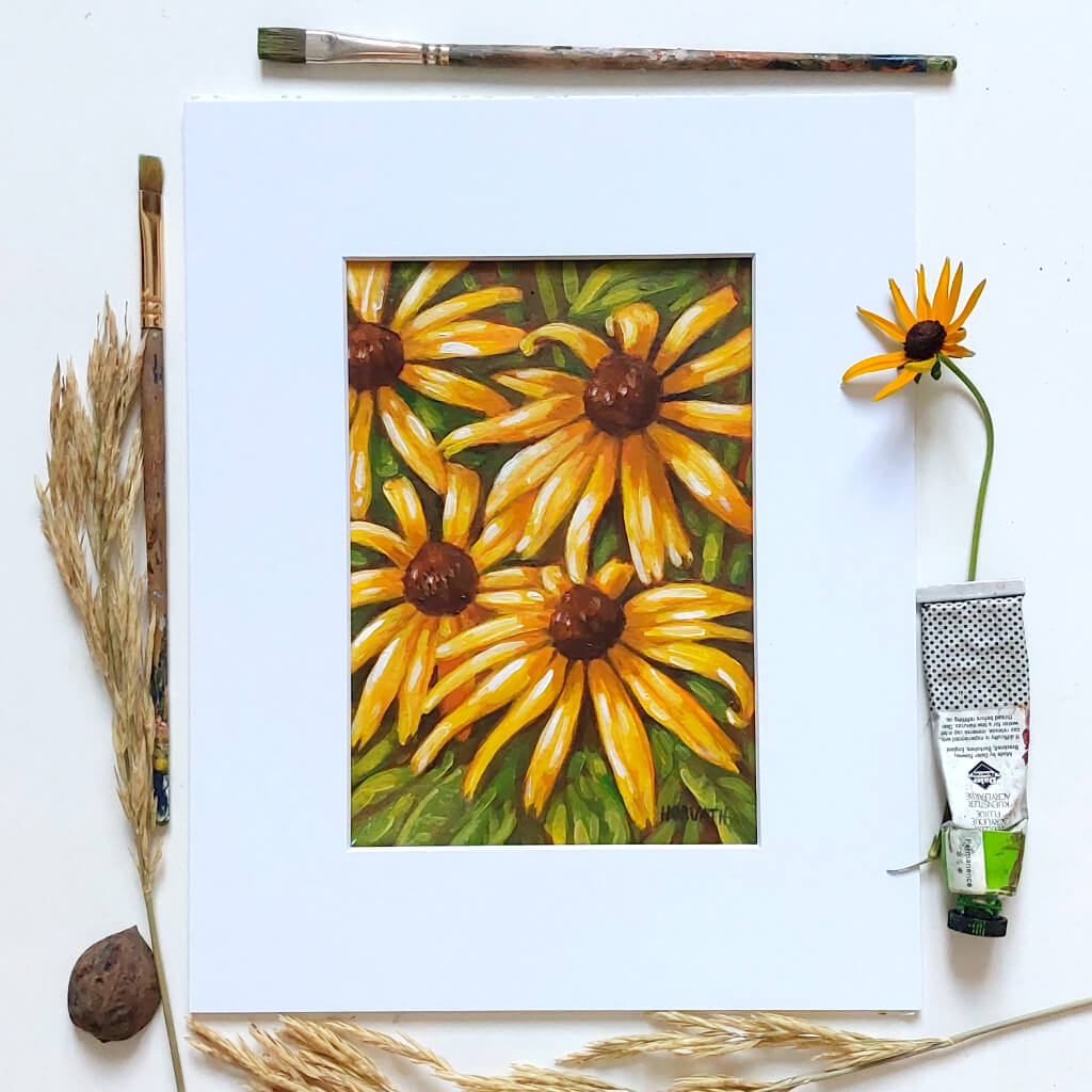 Black Eyed Susans Original Painting on Paper flatlay by artist Cathy Horvath Buchanan