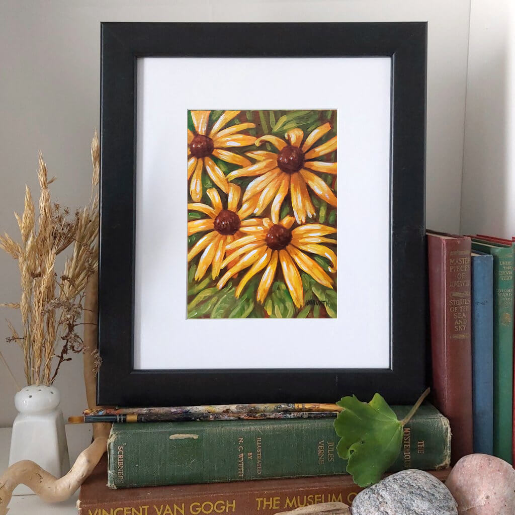 Black Eyed Susans Original Painting on Paper framed setting by artist Cathy Horvath Buchanan