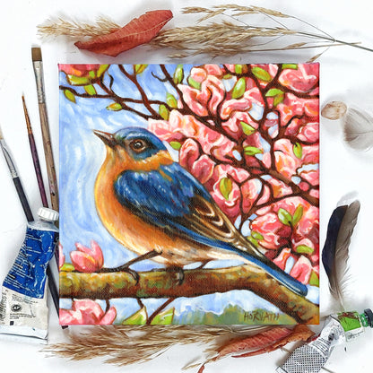 Bluebird, Wings Blooms, Original Painting 8x8