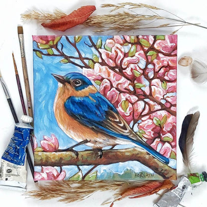 Bluebird, Wings Blooms, Original Painting 8x8