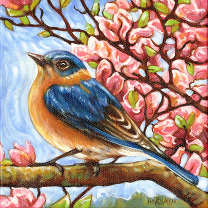 Bluebird, Wings Blooms, Original Painting 8x8