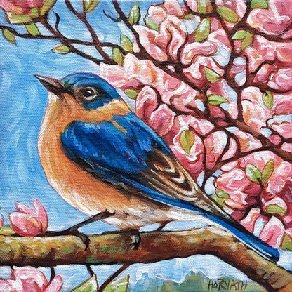 Bluebird, Wings Blooms, Original Painting 8x8