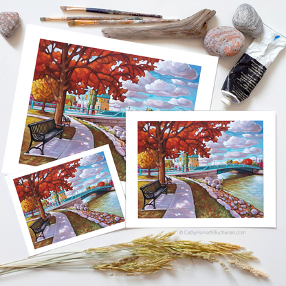 Port Stanley Autumn Bridge Benches Print Giclee