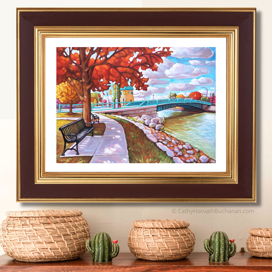Port Stanley Autumn Bridge Benches Print Giclee