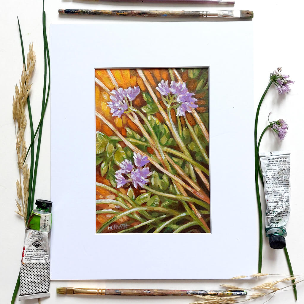 Chive Flowers Original Painting on Paper flatlay by artist Cathy Horvath Buchanan