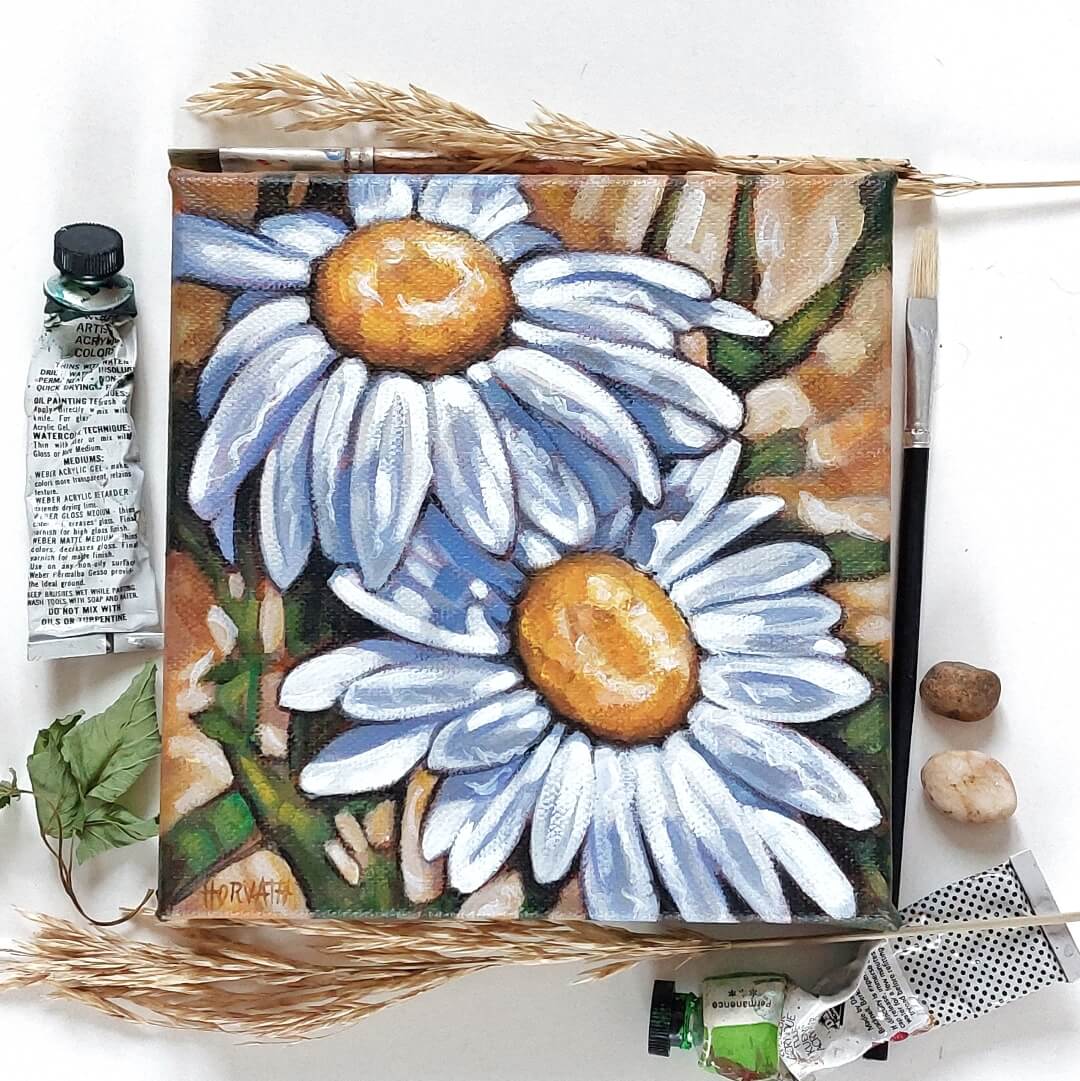 Daisies, Wings Blooms, Original Painting 6x6