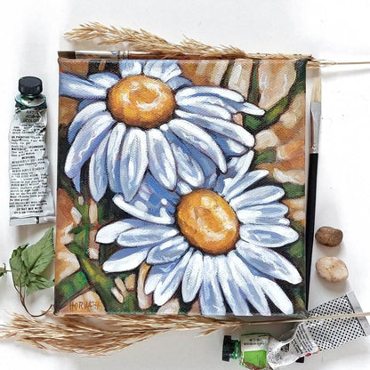 Daisies, Wings Blooms, Original Painting 6x6