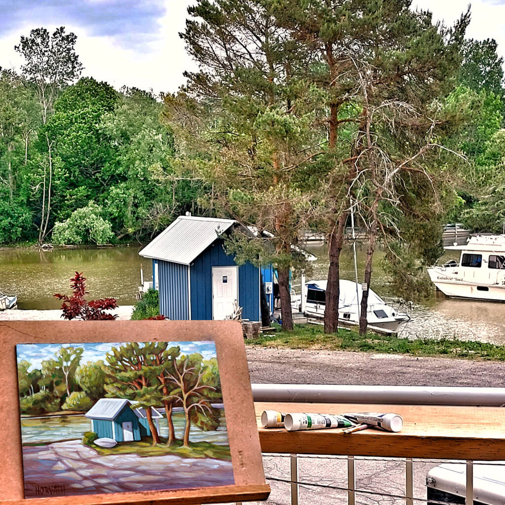 Deck View Hut - Original Painting by artist cathy horvath buchanan