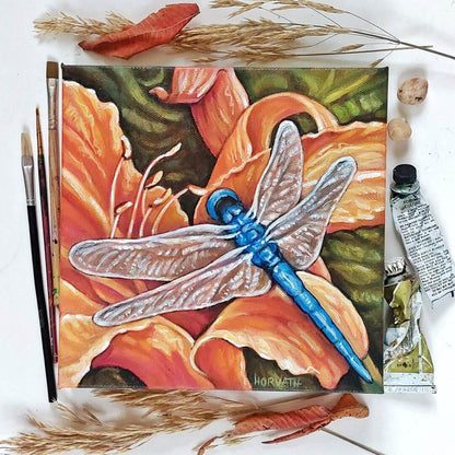 Dragonfly, Wings Blooms, Original Painting 8x8