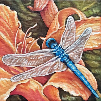 Dragonfly, Wings Blooms, Original Painting 8x8