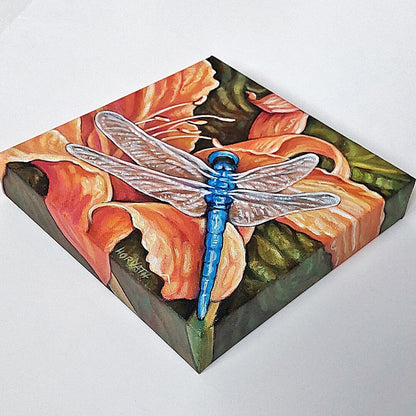 Dragonfly, Wings Blooms, Original Painting 8x8