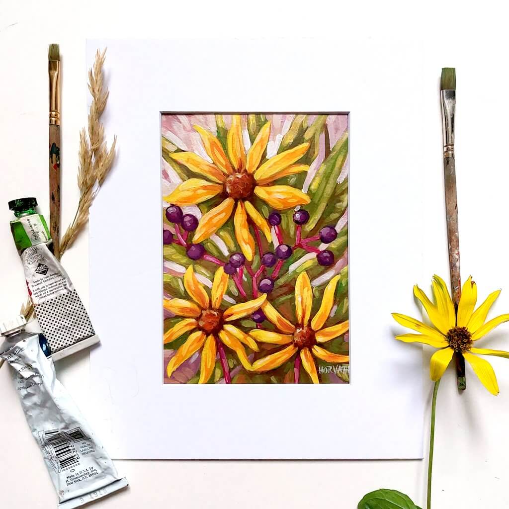 Fall Flowers, Original Painting on Paper flatlay by artist Cathy Horvath Buchanan