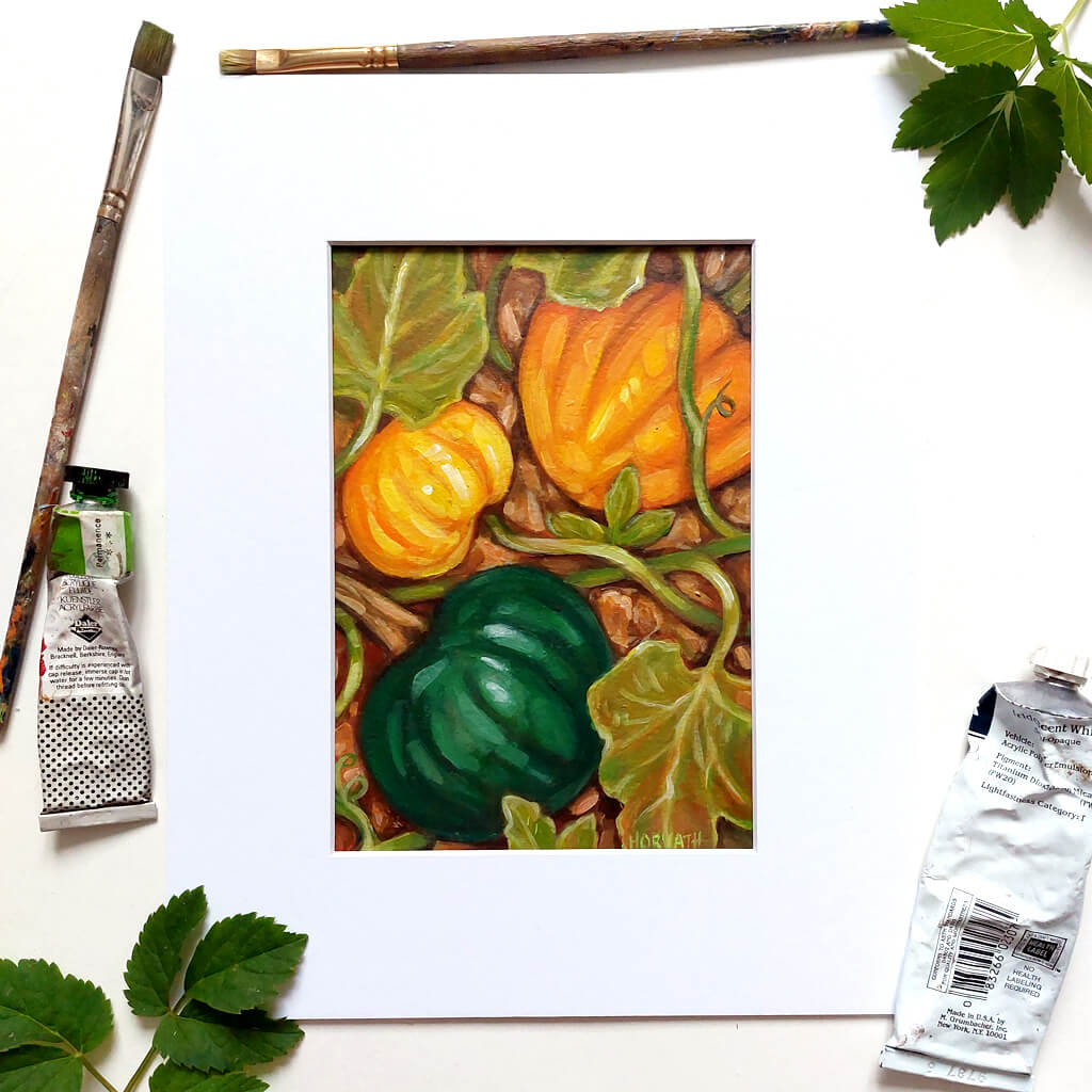Fall Squash, Original Painting on Paper flatlay by artist Cathy Horvath Buchanan 