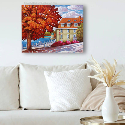 Harbour House Red Tree, Original Painting 14x18