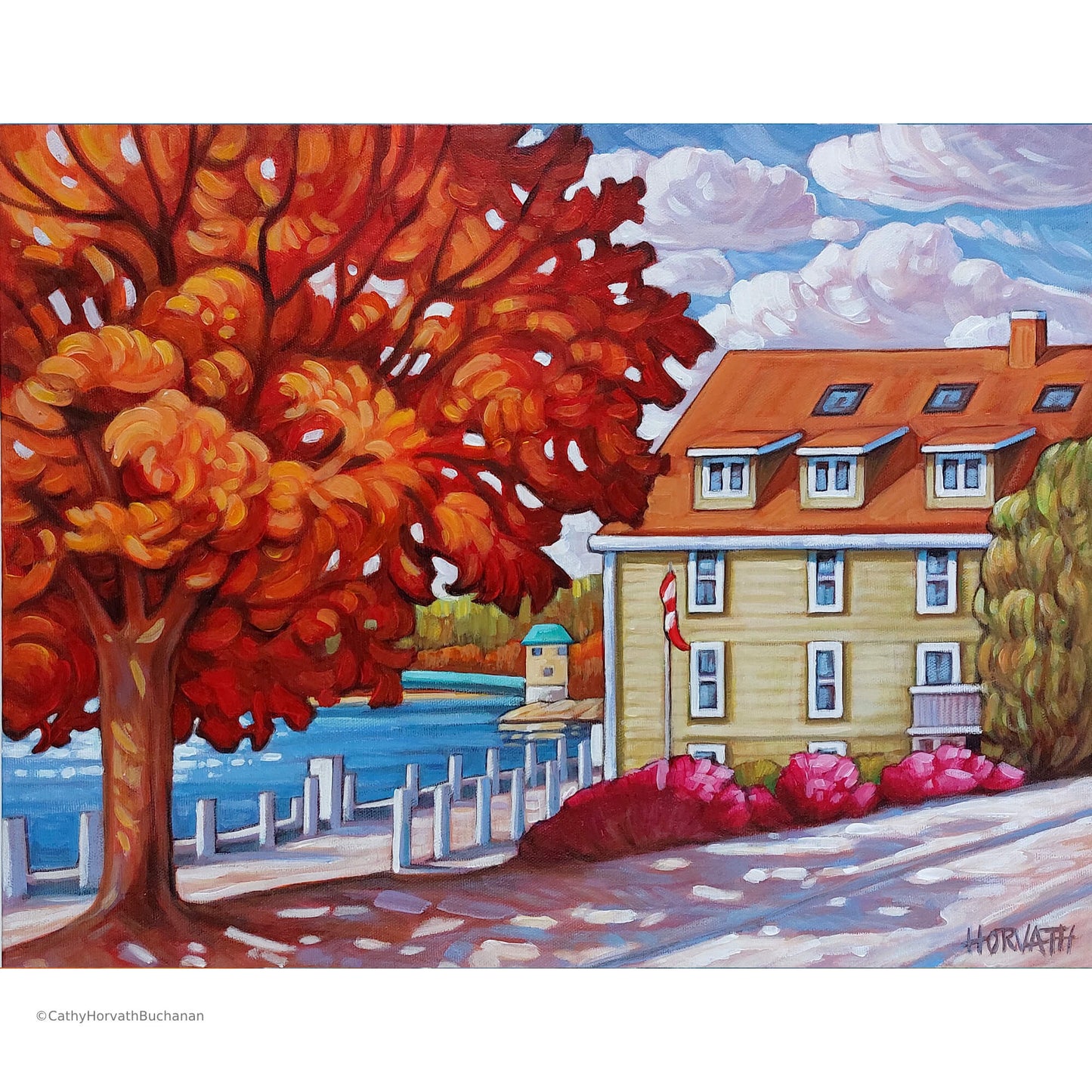 Harbour House Red Tree, Original Painting 14x18