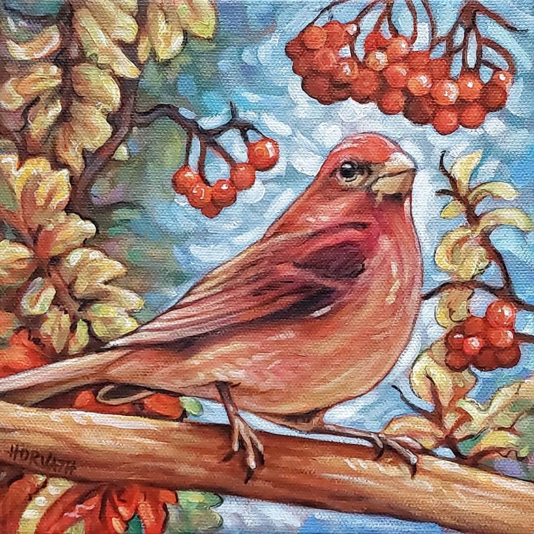 Finch, Wings Blooms, Original Painting 8x8