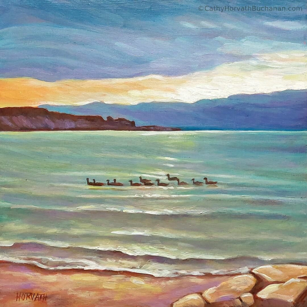 Little Beach Geese, Original Painting 8x8