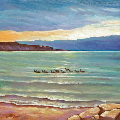 Little Beach Geese, Original Painting 8x8