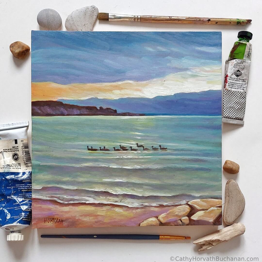 Little Beach Geese, Original Painting 8x8