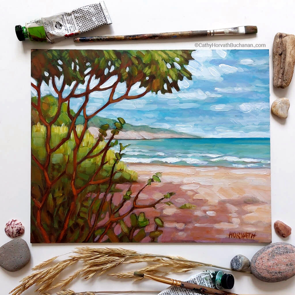 Little Beach Shadows, Plein Air Original Painting 8x10  by artist cathy horvath buchanan