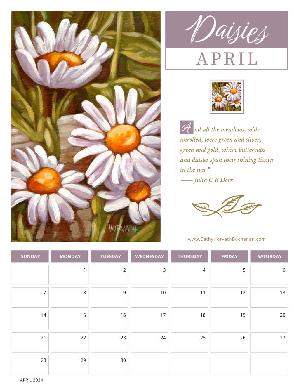 2024 Petals in Paint Calendar - Flower Wall Art APRIL by artist Cathy Horvath Buchanan
