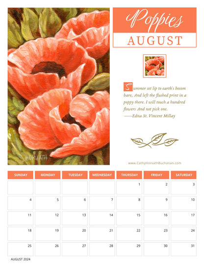 2024 Petals in Paint Calendar - Flower Wall Art AUG by artist Cathy Horvath Buchanan