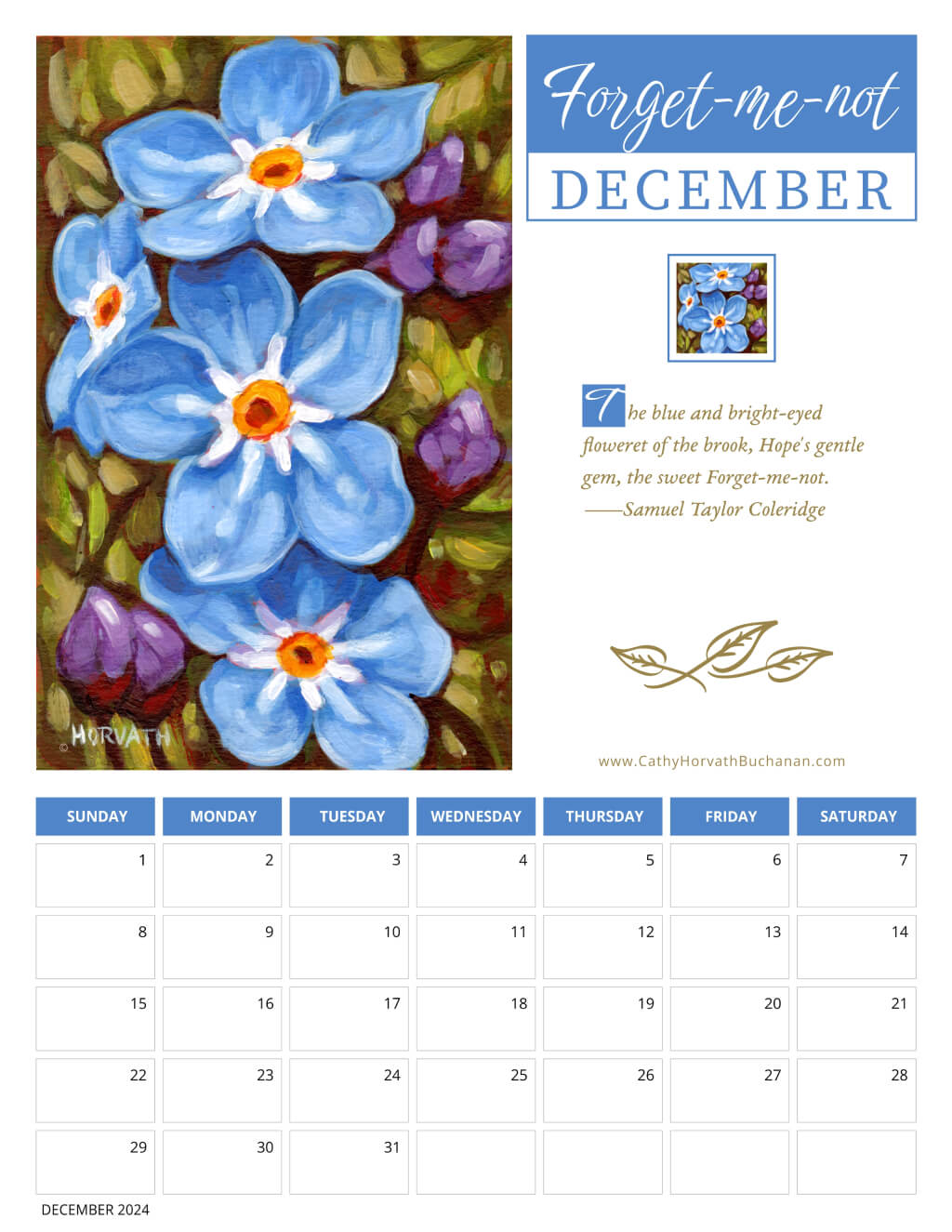 2024 Petals in Paint Calendar - Flower Wall Art Forget Me Not by artist Cathy Horvath Buchanan