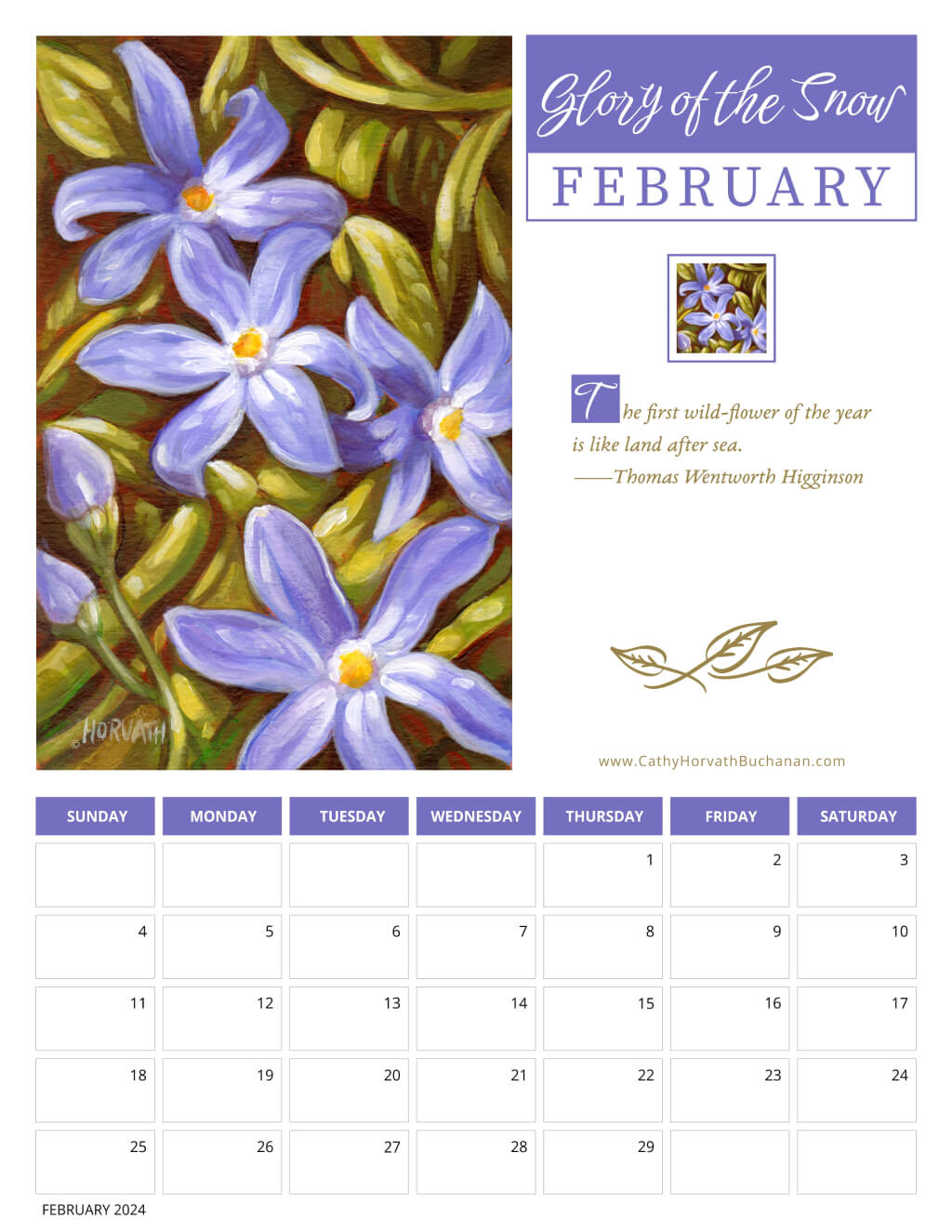 2024 Petals in Paint Calendar - Flower Wall Art FEB by artist Cathy Horvath Buchanan