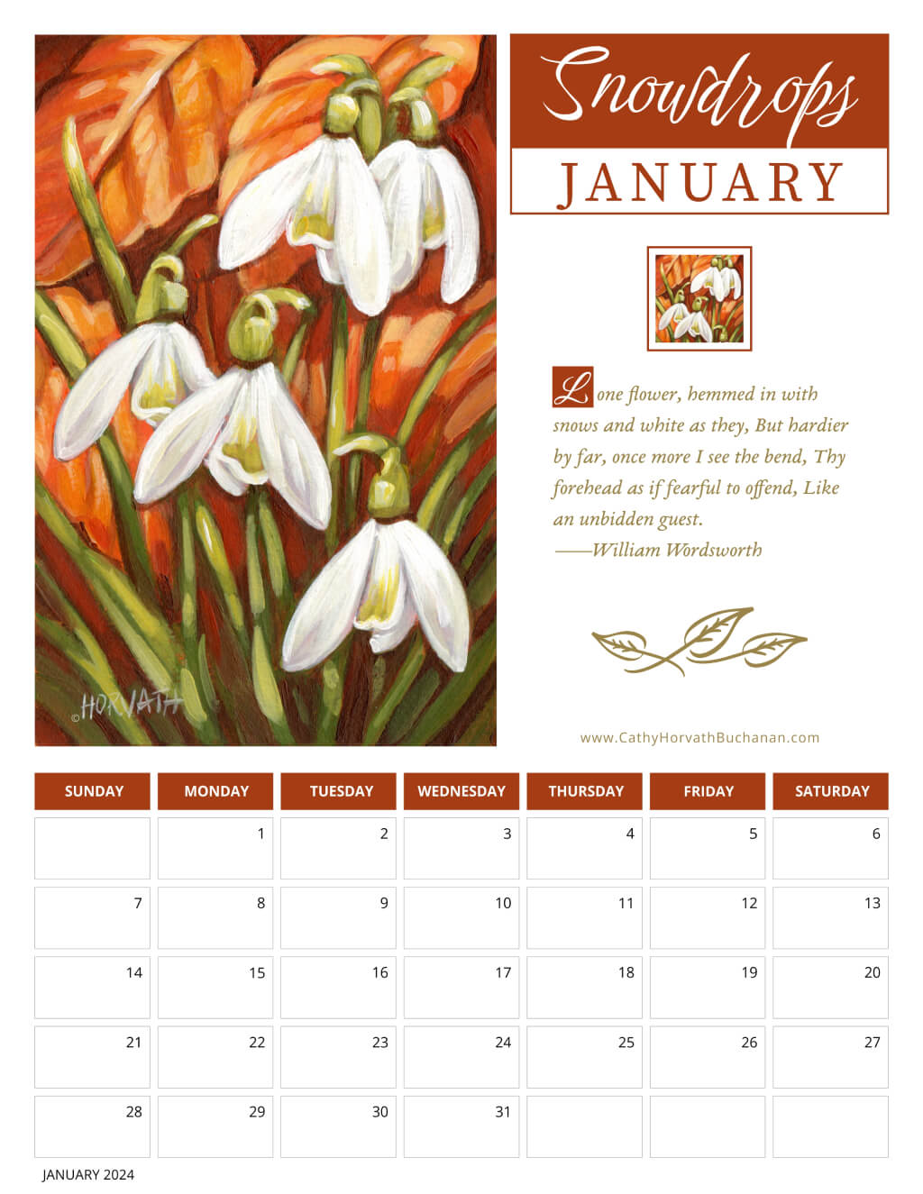 2024 Petals in Paint Calendar - Flower Wall Art JAN by artist Cathy Horvath Buchanan