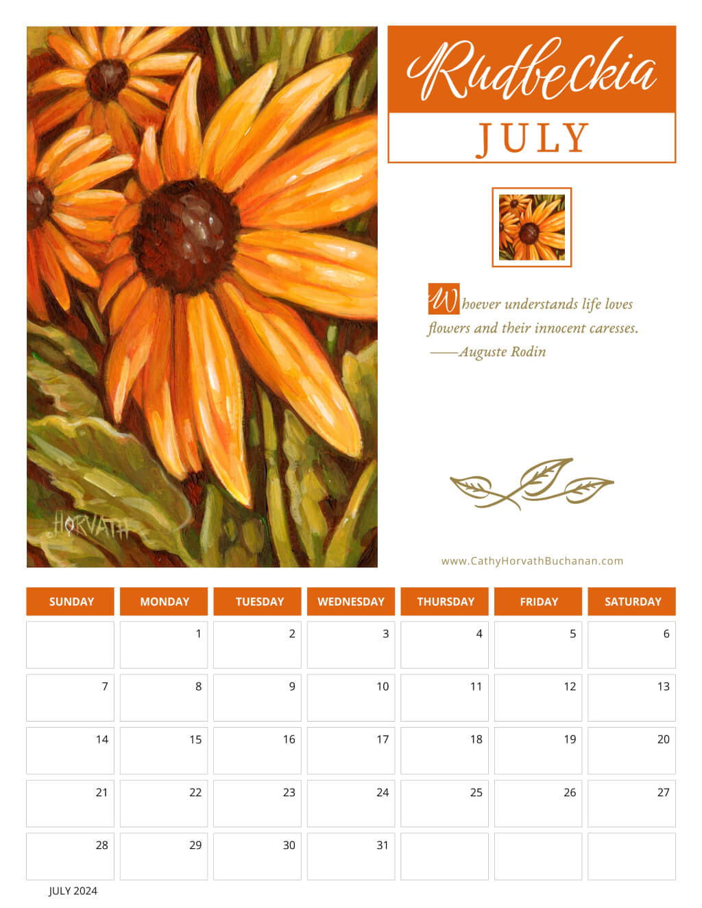2024 Petals in Paint Calendar - Flower Wall Art JULY by artist Cathy Horvath Buchanan
