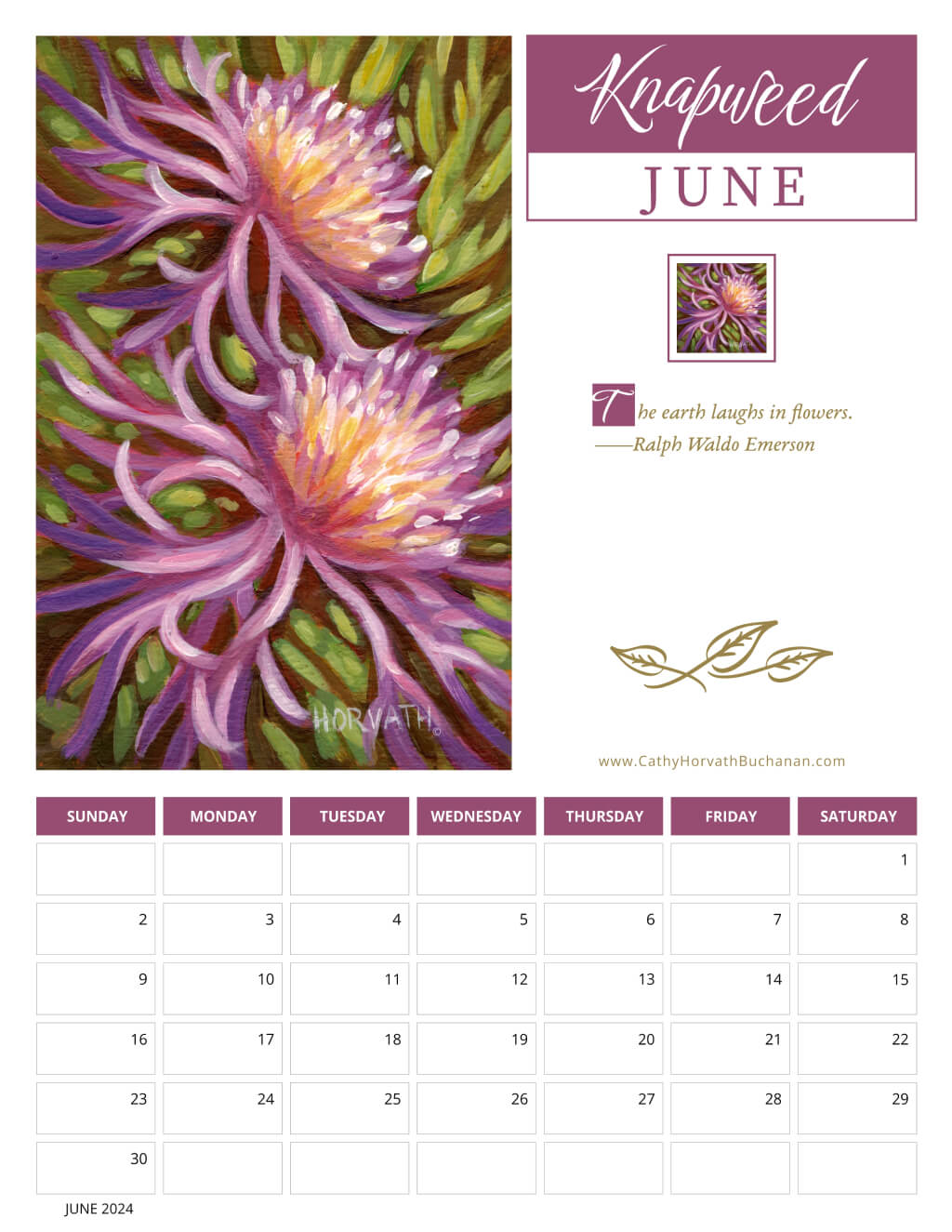 2024 Petals in Paint Calendar - Flower Wall Art JUNE by artist Cathy Horvath Buchanan