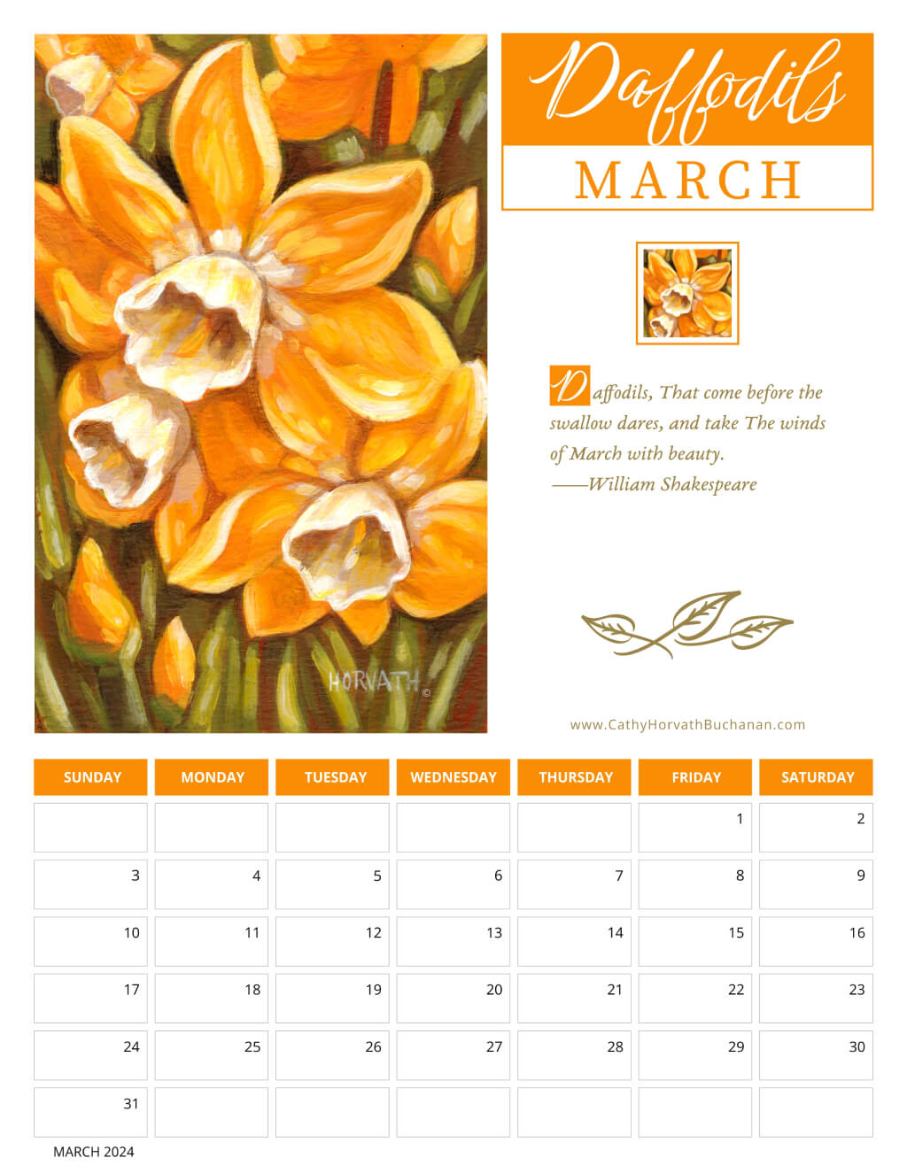 2024 Petals in Paint Calendar - Flower Wall Art MARCH by artist Cathy Horvath Buchanan