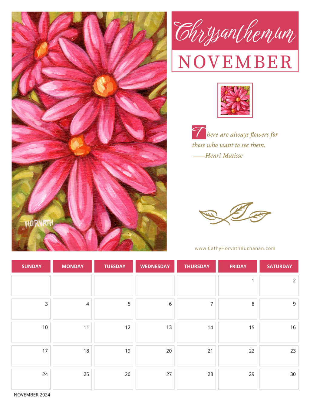 2024 Petals in Paint Calendar - Flower Wall Art mums by artist Cathy Horvath Buchanan